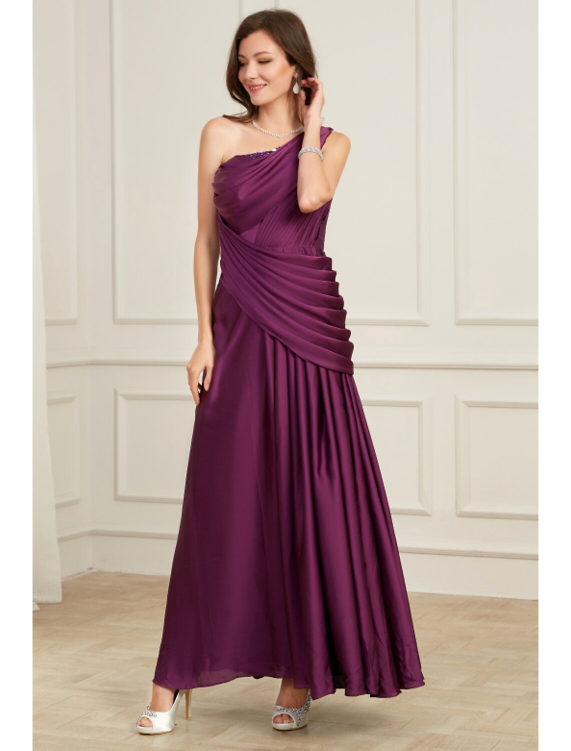 Evening Gown Elegant Dress Wedding Floor Length Sleeveless One Shoulder with Pleats Ruched