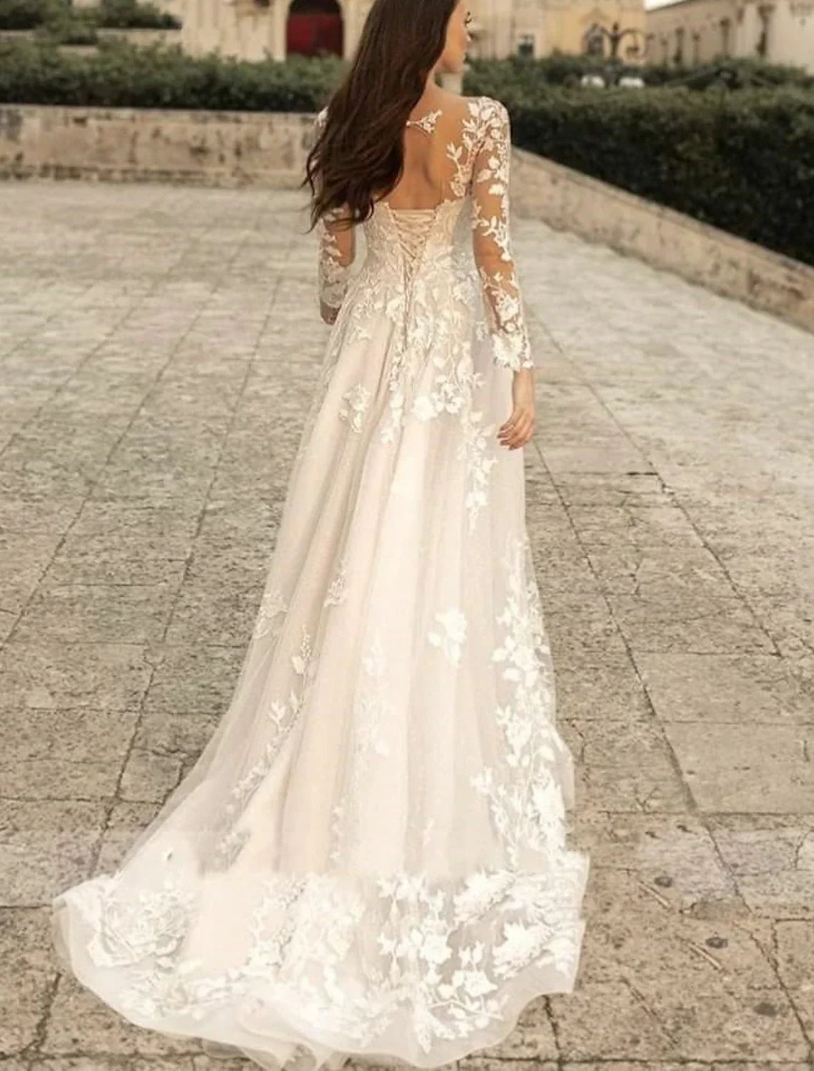 Beach Formal Wedding Dresses A-Line V Neck Long Sleeve Sweep / Brush Train Bridal Gowns With Flower Solid Color