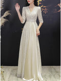 Mother of the Bride Dress Wedding Guest Sparkle & Shine Elegant Petite V Neck Sweep / Brush Train Half Sleeve with Pleats Crystal Brooch Fall