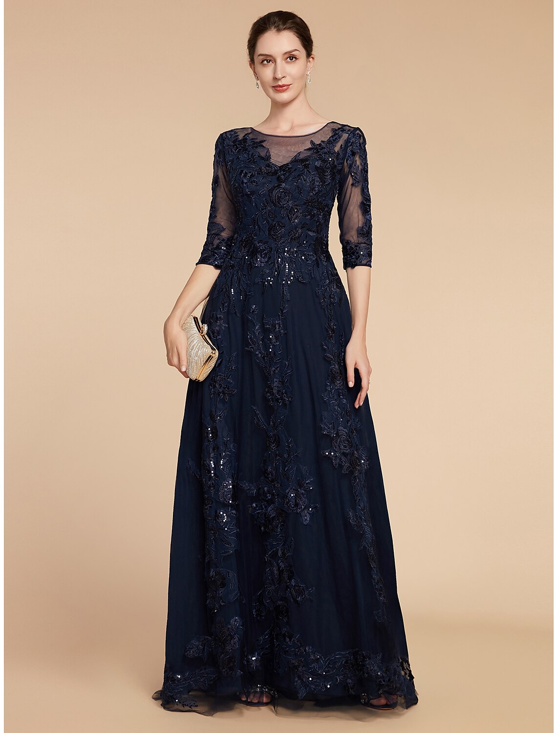 Mother of the Bride Dress Formal Wedding Guest Elegant Party Scoop Neck Floor Length 3/4 Length Sleeve with Appliques