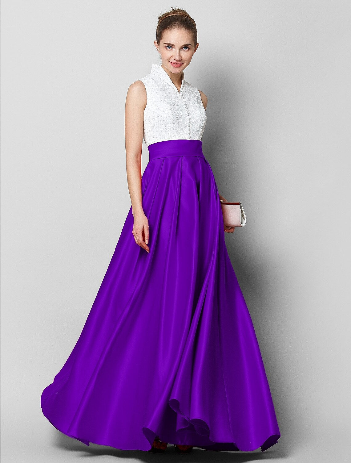 Luxurious Color Block Formal Evening Gala Dress High Neck Sleeveless Floor Length with Pleats