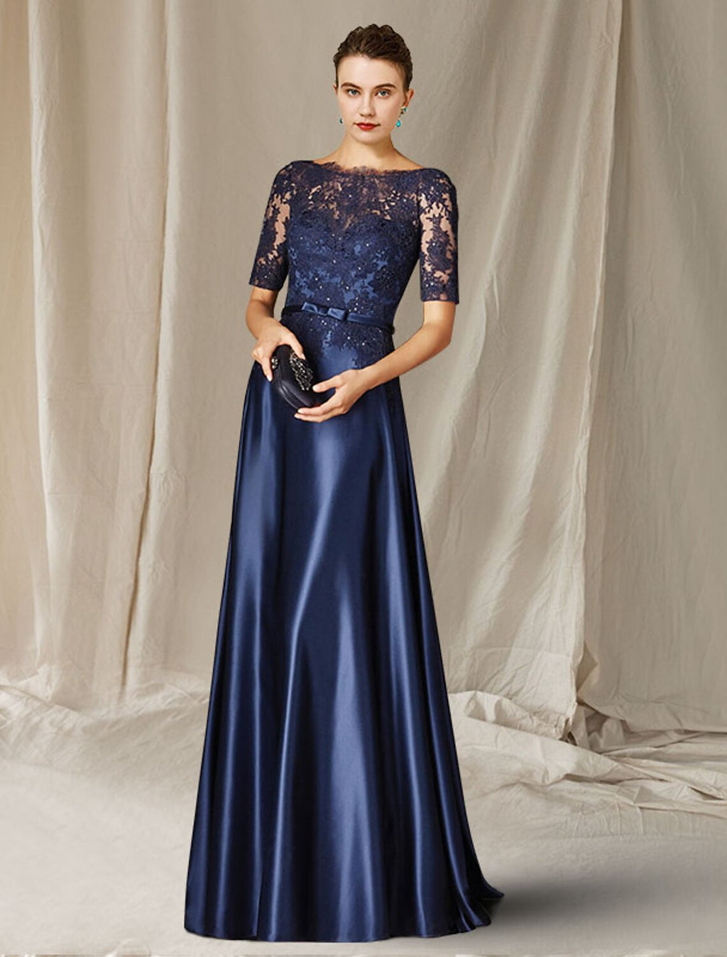 Mother of the Bride Dress Plus Size Elegant Jewel Neck Floor Length Charmeuse Short Sleeve with Bow(s) Appliques