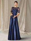 Mother of the Bride Dress Plus Size Elegant Jewel Neck Floor Length Charmeuse Short Sleeve with Bow(s) Appliques