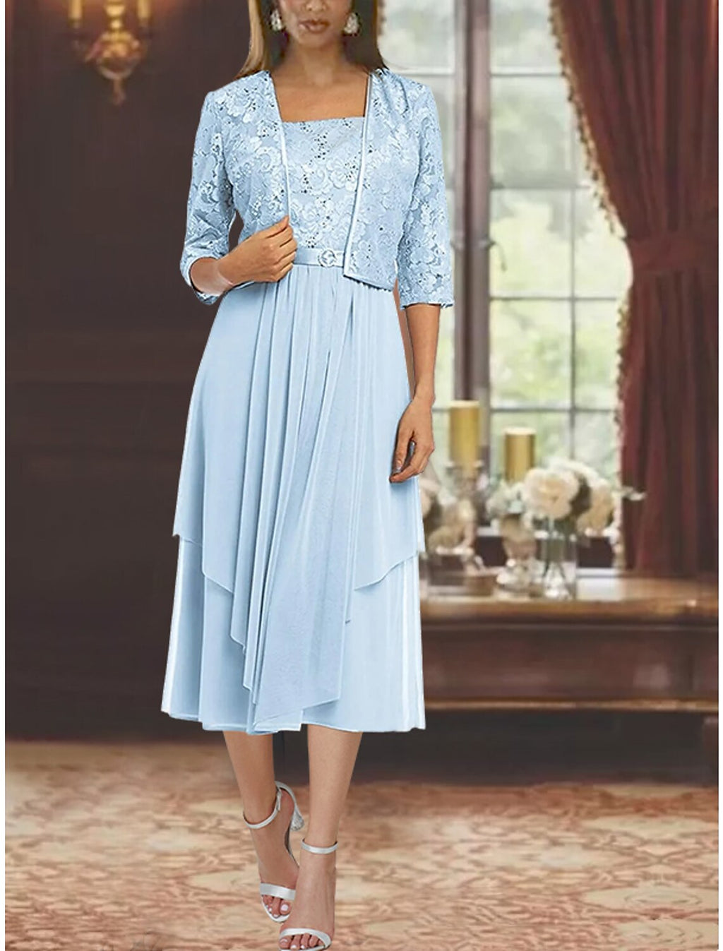 Two Piece A-Line Mother of the Bride Dress Formal Wedding Guest Elegant Square Neck Tea Length 3/4 Length Sleeve Wrap Included with Pleats
