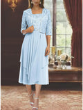 Two Piece A-Line Mother of the Bride Dress Formal Wedding Guest Elegant Square Neck Tea Length 3/4 Length Sleeve Wrap Included with Pleats