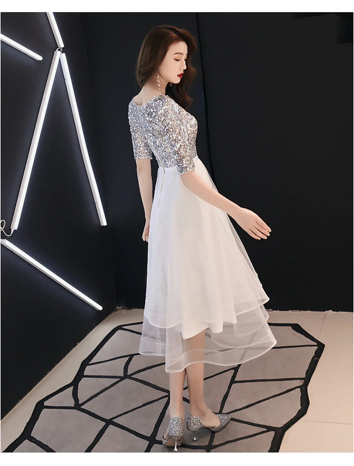 White Sparkle Cocktail Party Prom Dress Jewel Neck Half Sleeve Tea Length