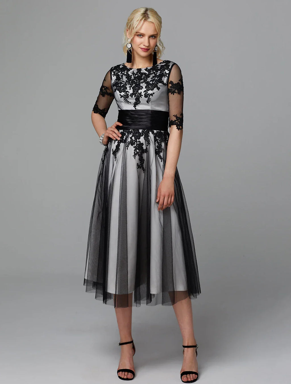 Wedding Guest Tea Length Half Sleeve Jewel Neck Fall Wedding Guest with Sash / Ribbon Appliques