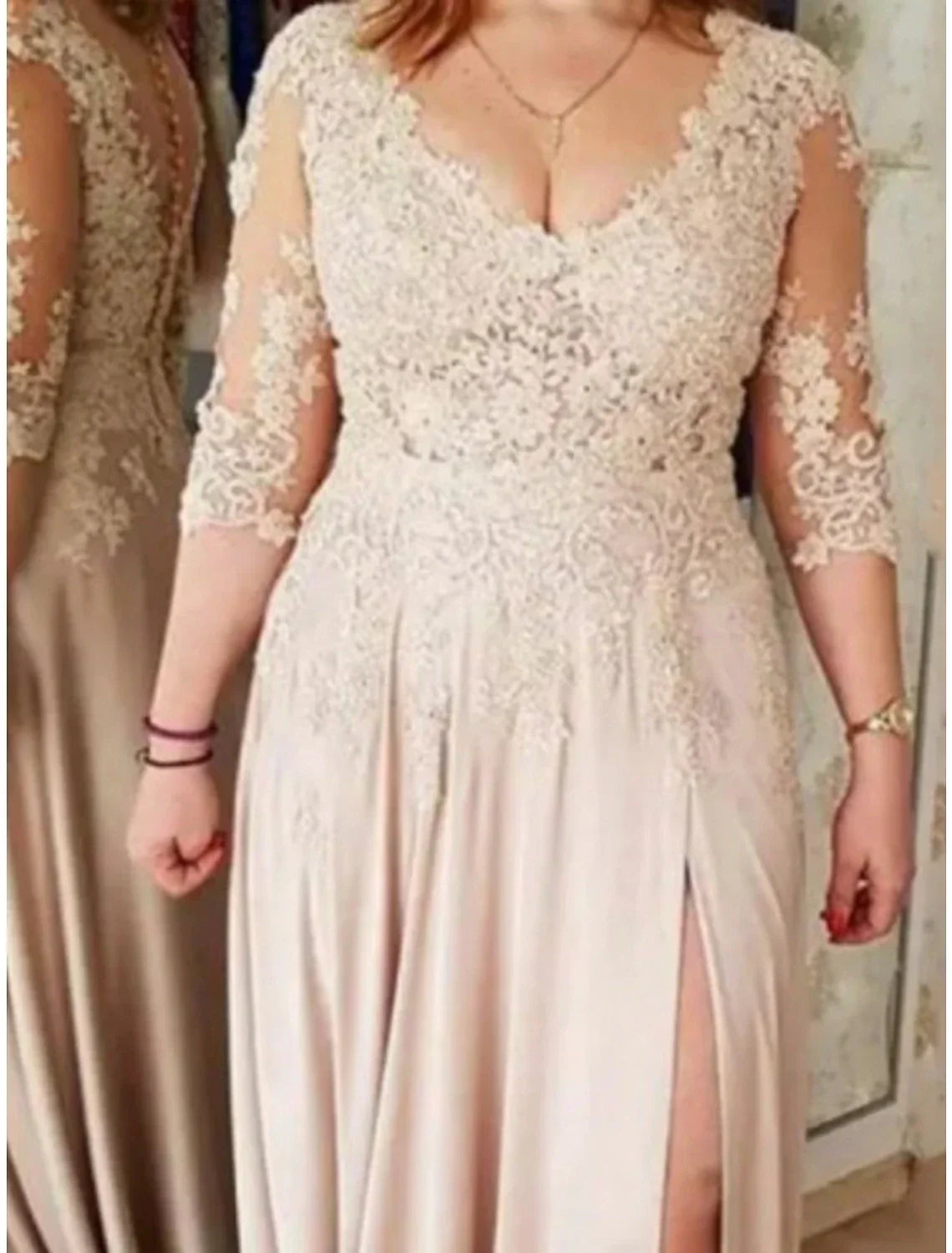 Sheath / Column Mother of the Bride Dress Vintage Elegant V Neck Sweep / Brush Train Charmeuse 3/4 Length Sleeve with Split Front