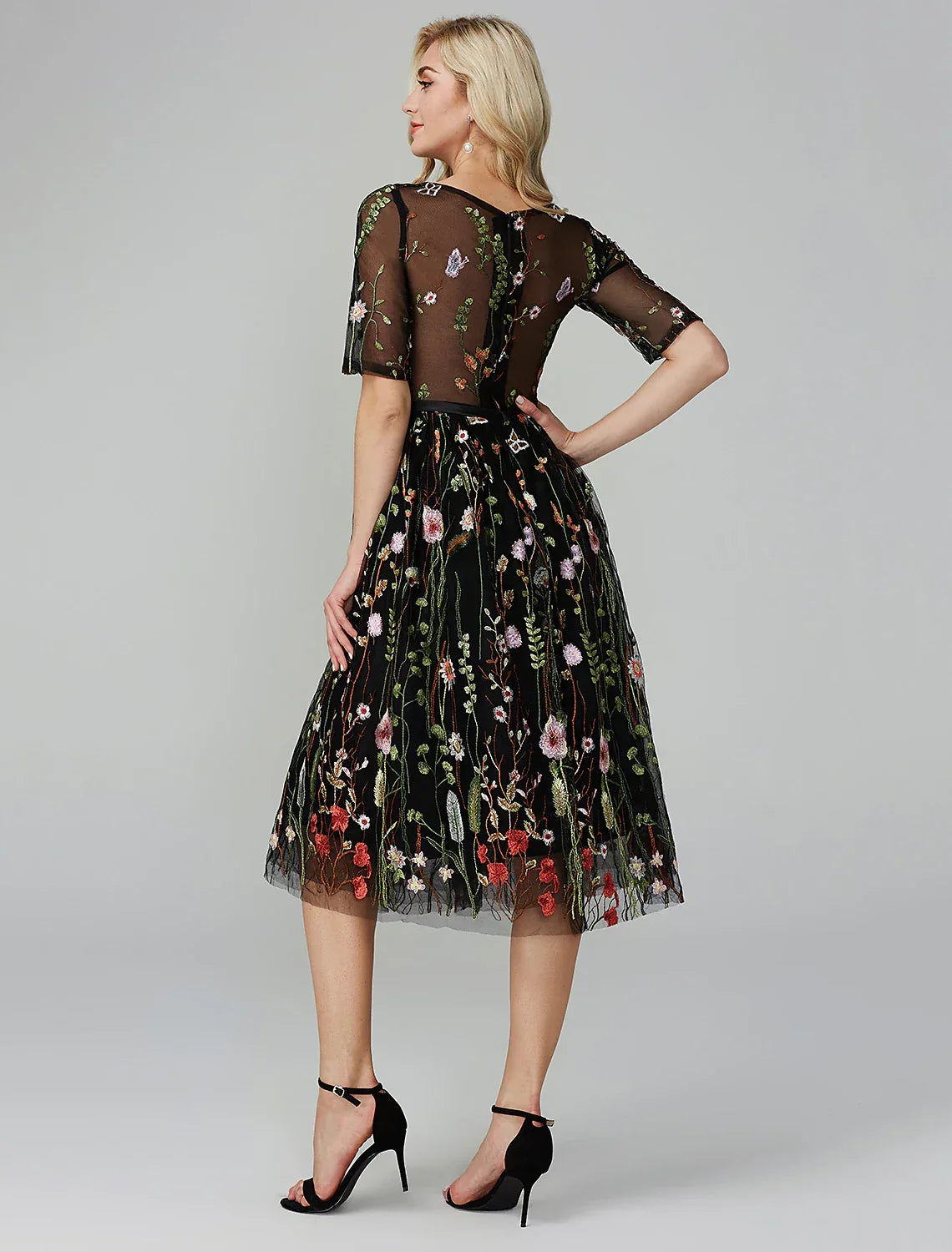 Holiday Tea Length Half Sleeve Illusion Neck Fall Wedding Guest with Embroidery Appliques