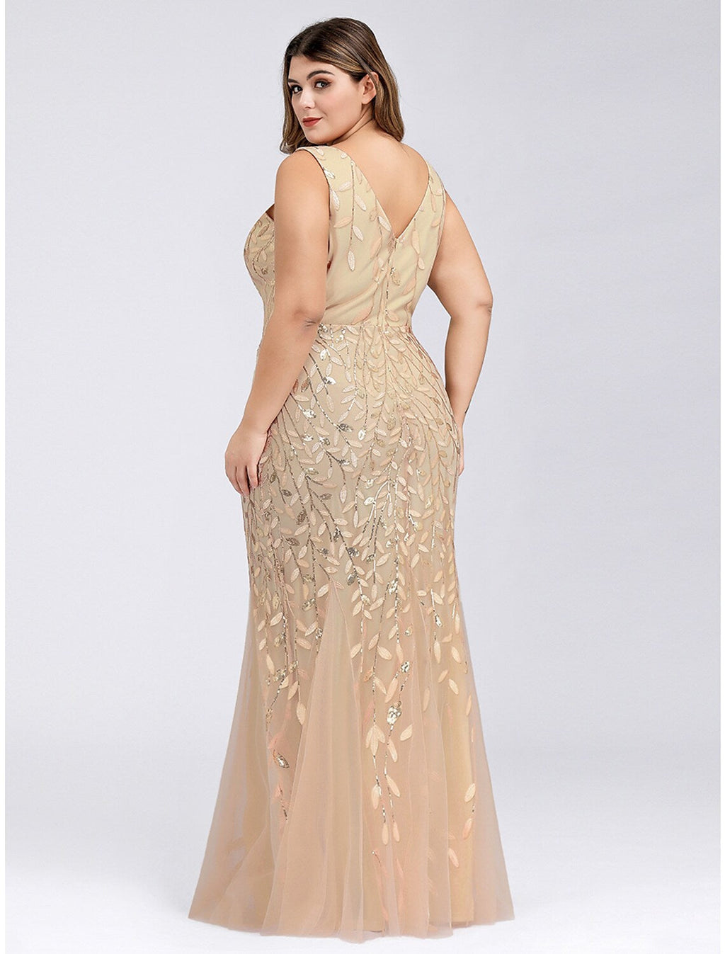 Evening Gown Plus Size Dress Wedding Guest Floor Length Sleeveless V Neck V Back Appliques