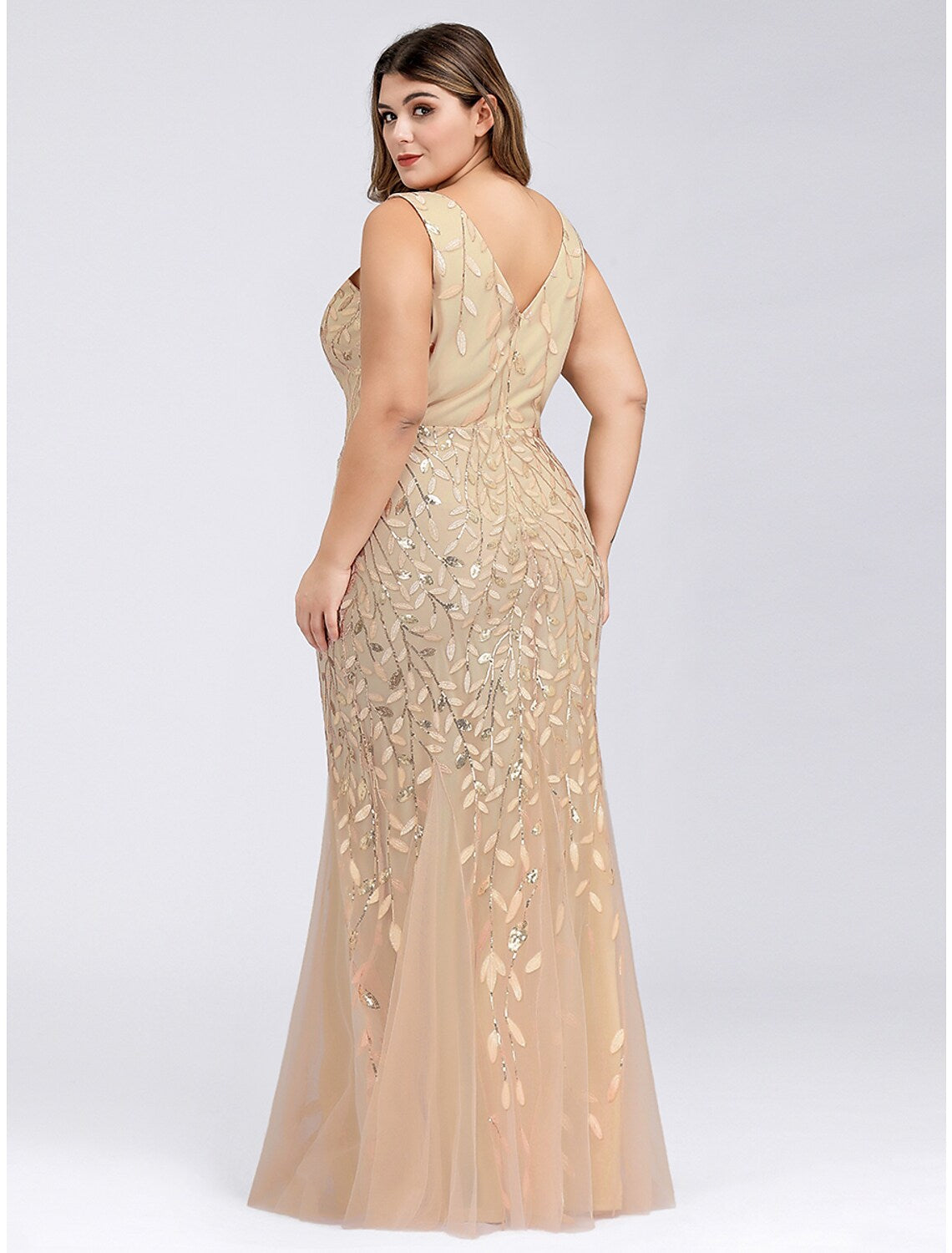 Evening Gown Plus Size Dress Wedding Guest Floor Length Sleeveless V Neck V Back Appliques