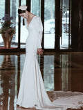 Casual Wedding Dresses Long Sleeve V Neck Fabric Buttons