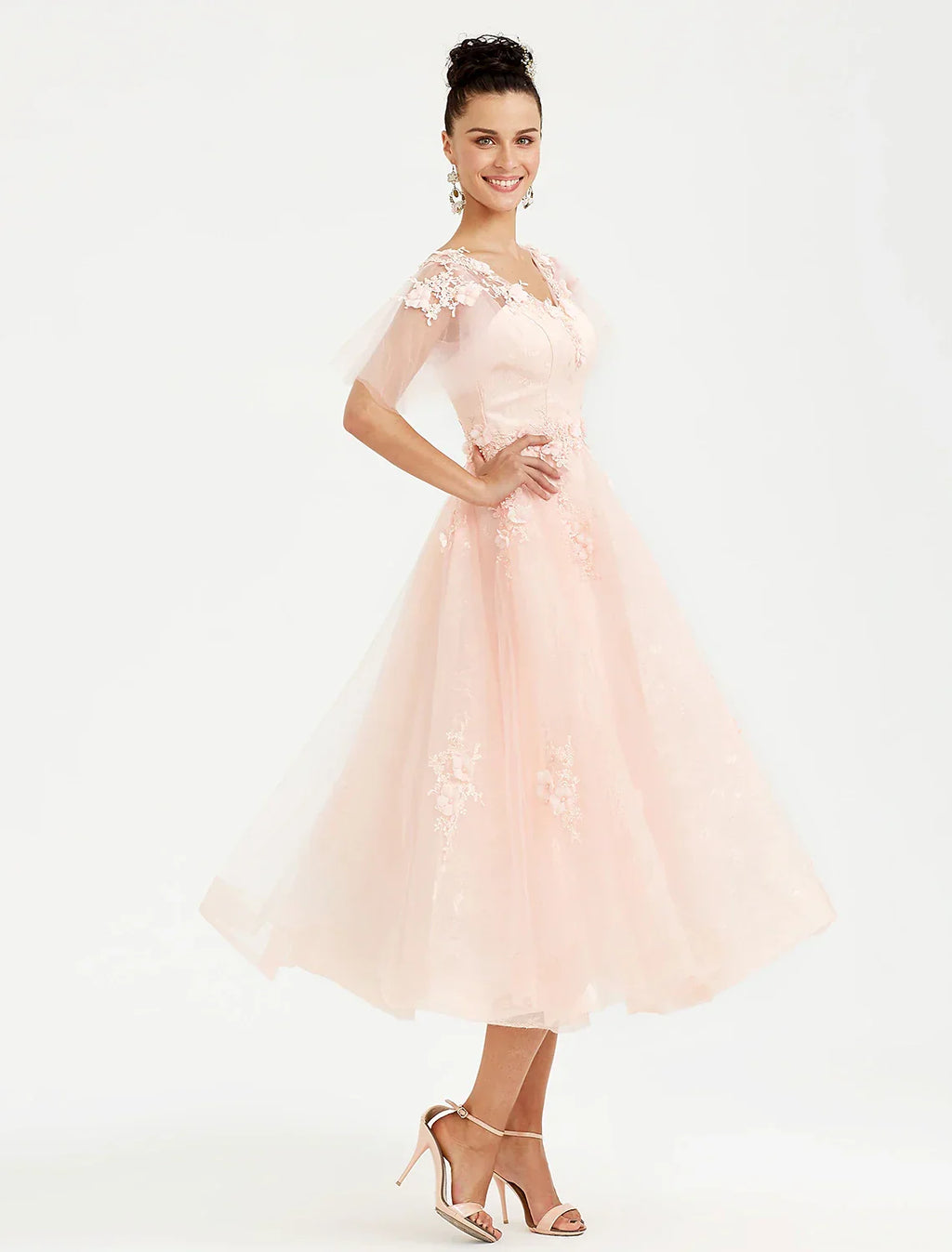 Wedding Guest Tea Length Short Sleeve V Neck with Appliques