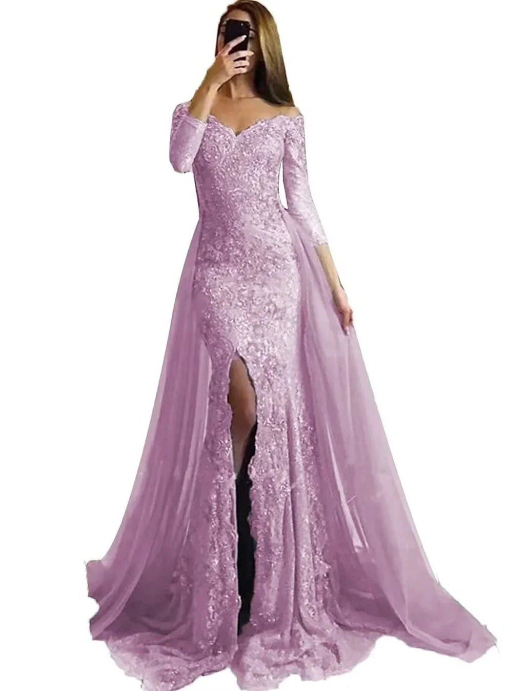 Mermaid Evening Gown Floral Carnival Dress Formal Wedding Sweep / Brush Train Long Sleeve Off Shoulder Fall Wedding Reception with Slit Appliques