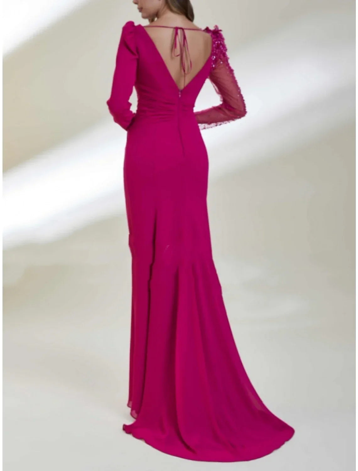 Green Sheath / Column Evening Gown Elegant Dress Formal Christmas Red Dress Sweep / Brush Train Long Sleeve Scoop Neck with Pleats Ruched
