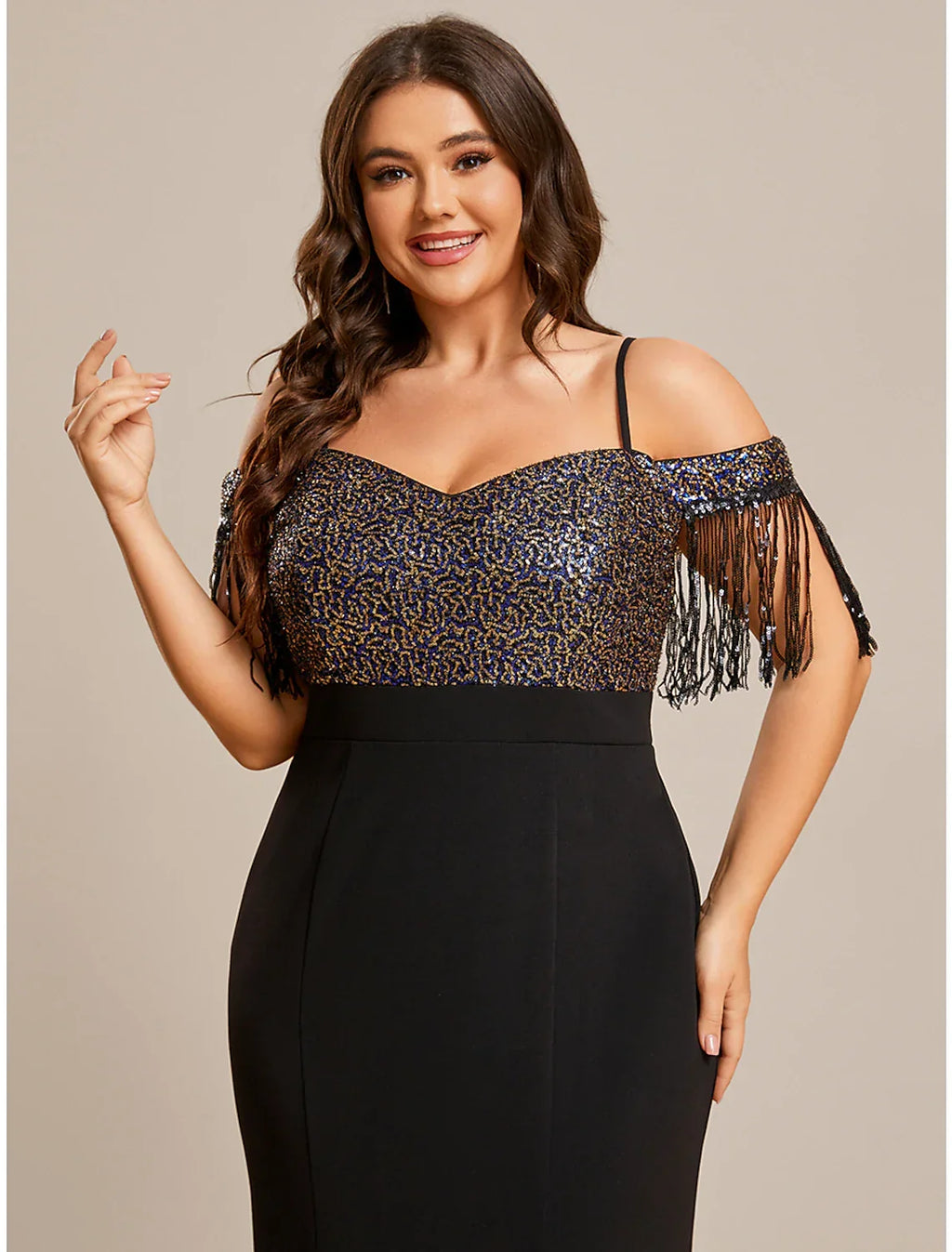 Black Mermaid / Trumpet Wedding Guest Dresses Minimalist Dress Formal Tie Floor Length Short Sleeve Off Shoulder Fabric with Fringe Tassel