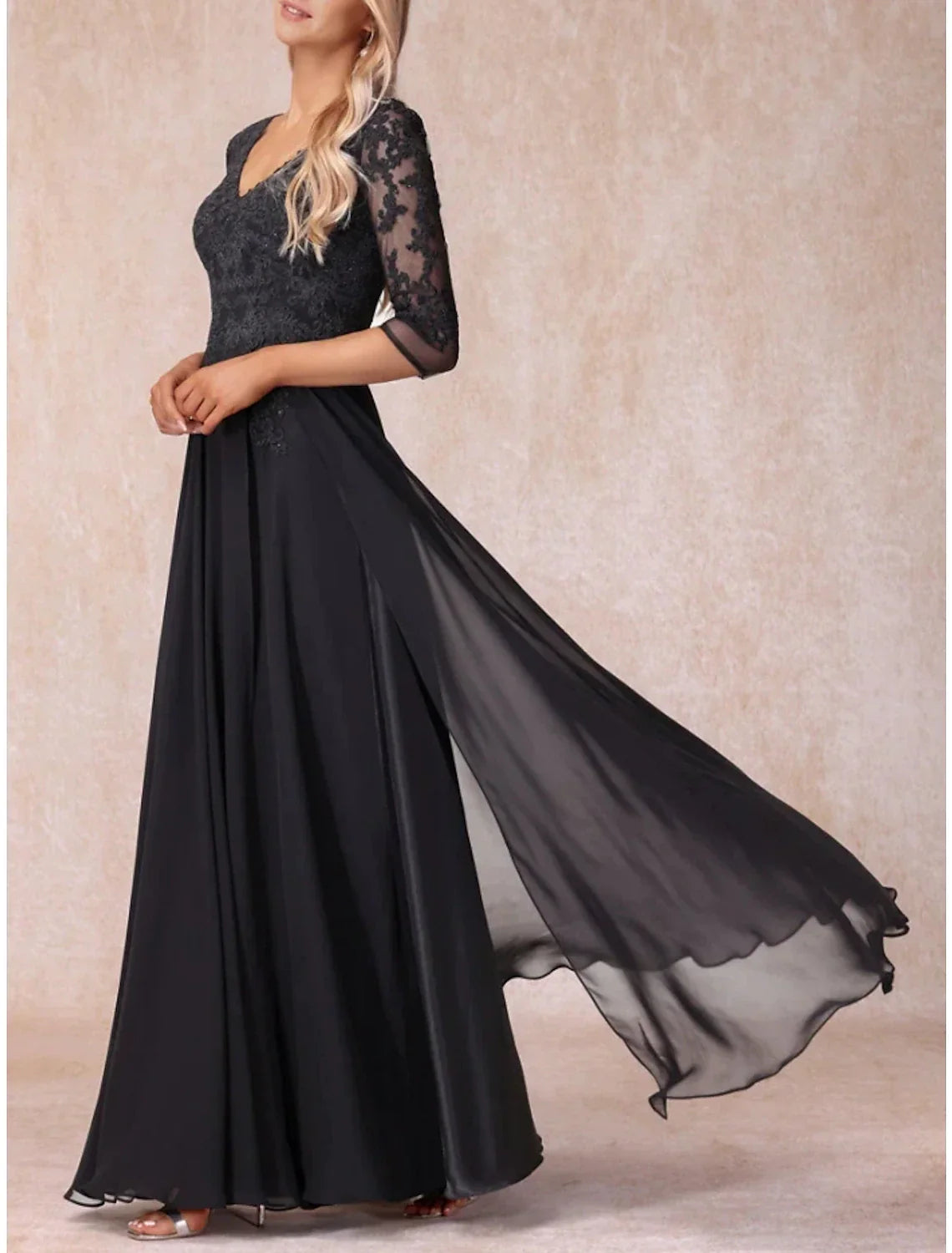 Mother of the Bride Dress Wedding Guest Elegant V Neck Floor Length 3/4 Length Sleeve with Ruching