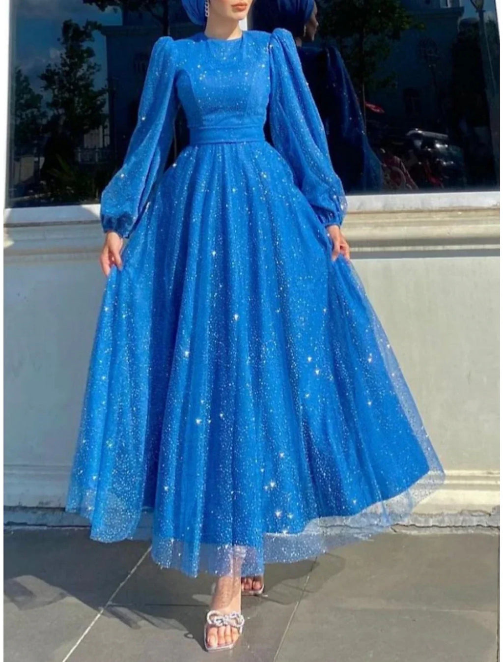 Evening Gown Elegant Dress Formal Ankle Length Long Sleeve Jewel Neck with Glitter Pleats