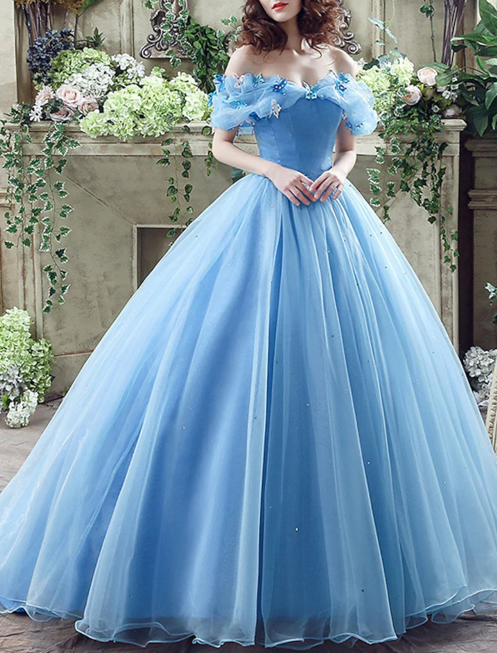 Ball Gown Evening Gown Floral Dress Quinceanera Prom Court Train Short Sleeve Off Shoulder with Appliques