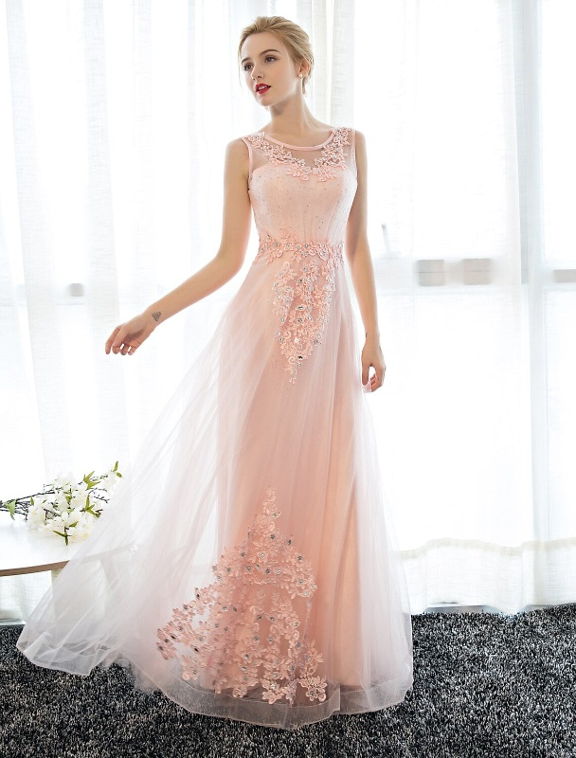 Wedding Guest Floor Length Sleeveless with Crystals Appliques