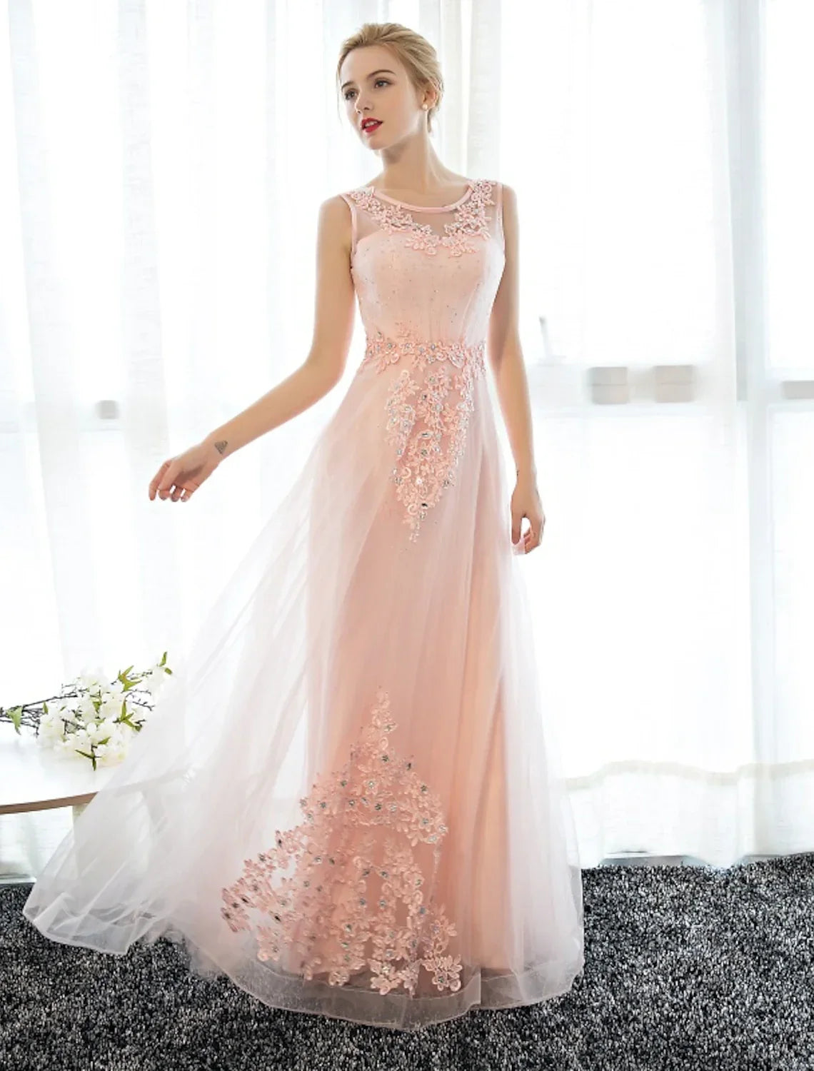 Sheath / Column Dress Wedding Guest Floor Length Sleeveless Illusion Neck with Crystals Appliques