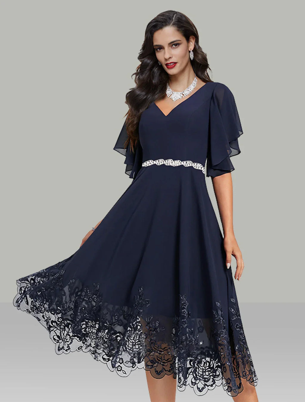 Wedding Guest Dresses Elegant Dress Cocktail Party Tea Length Short Sleeve V Neck Belt / Sash with Rhinestone Glitter Embroidery