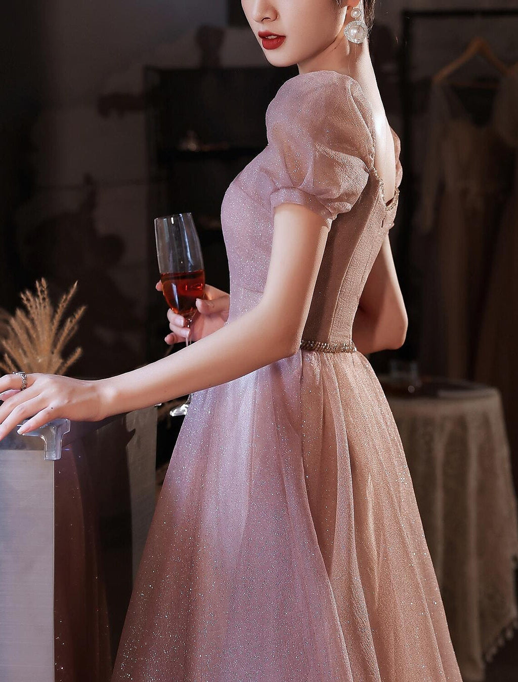 Back Elegant Prom Formal Evening Birthday Dress Sweetheart Neckline Short Sleeve Floor Length with Beading
