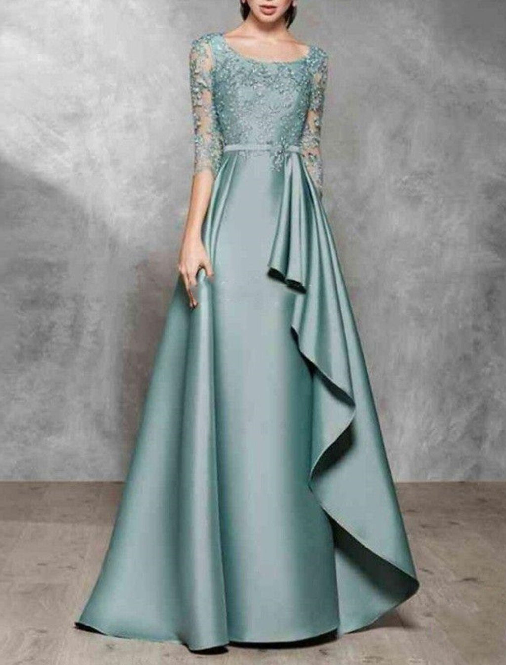 Mother of the Bride Dress Wedding Guest Elegant Jewel Neck Floor Length 3/4 Length Sleeve No with Sash / Ribbon Ruffles Appliques