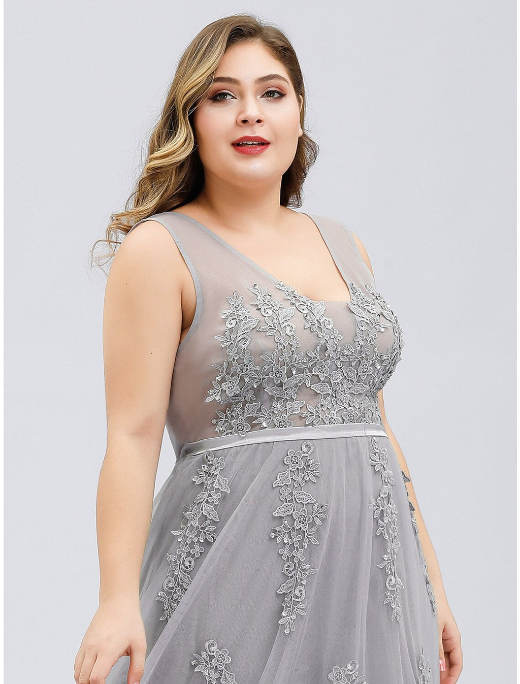 Plus Size Dress Prom Floor Length Sleeveless V Neck V Back Beading Appliques
