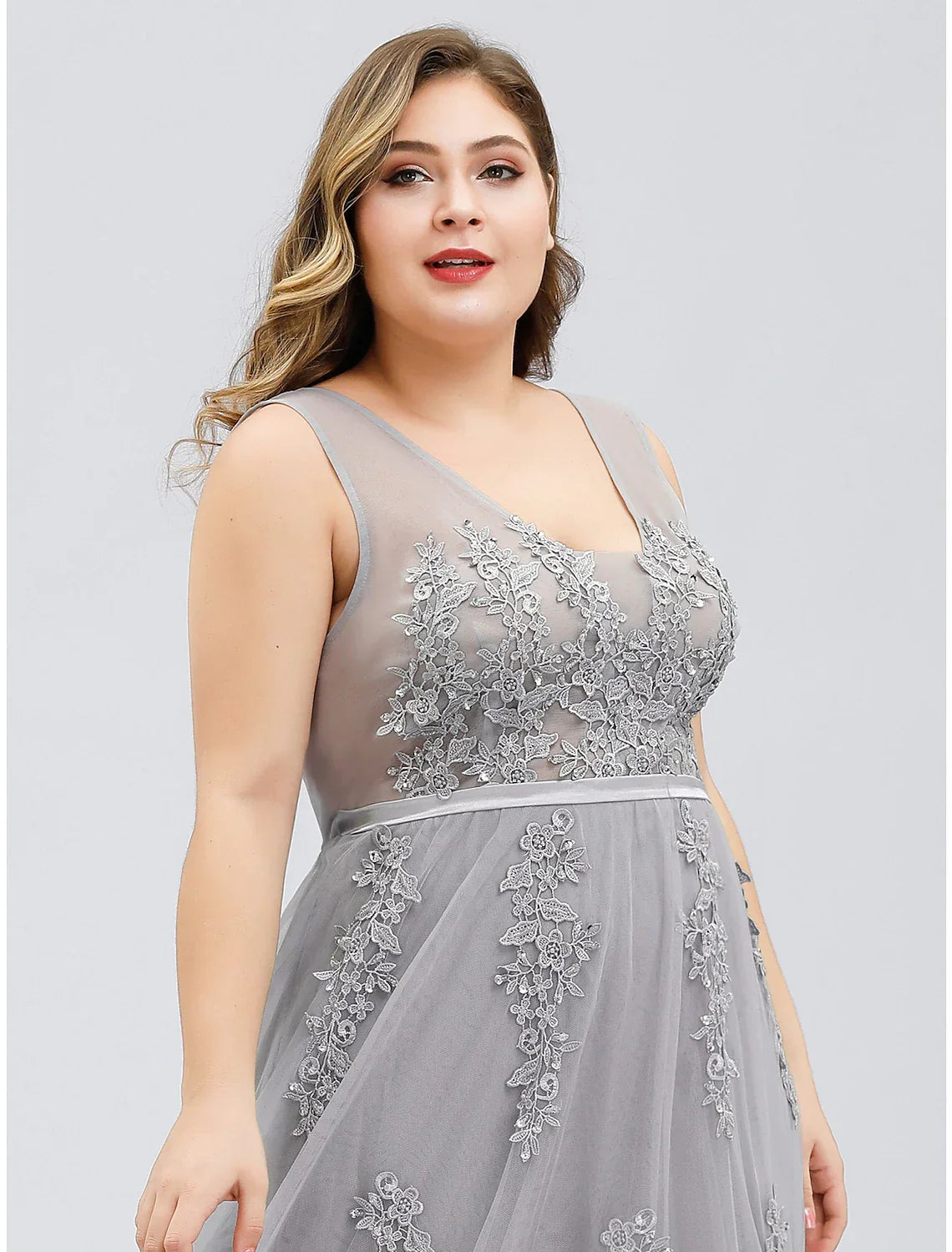 Plus Size Dress Prom Floor Length Sleeveless V Neck V Back with Beading Appliques