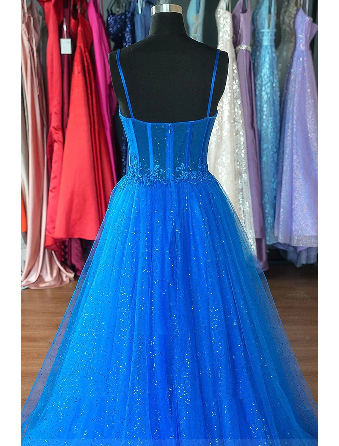 Glittering Dress Formal Floor Length Sleeveless Spaghetti Strap Backless with Pleats Appliques