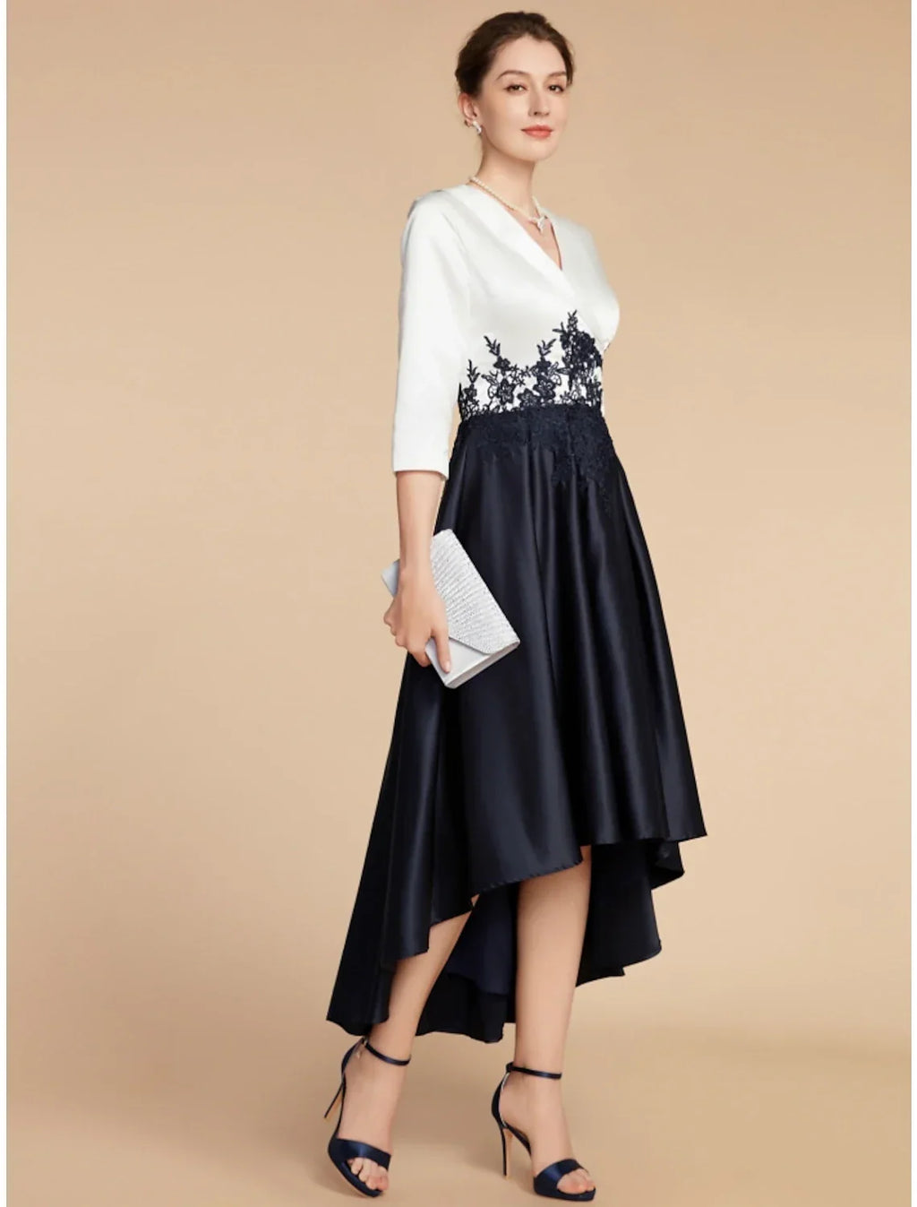 Mother of the Bride Dress Wedding Guest Elegant Petite V Neck Asymmetrical Half Sleeve with Ruching