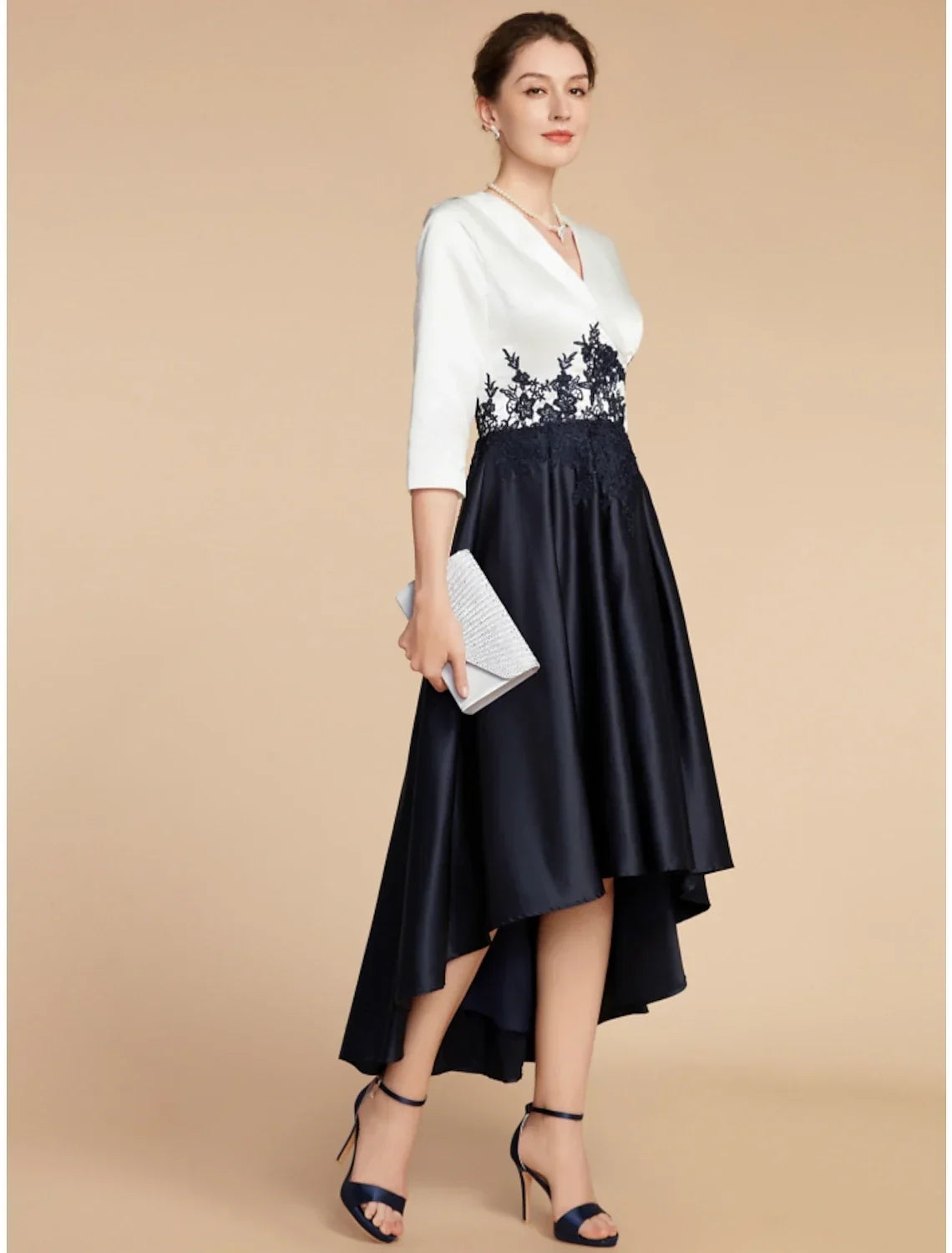 Mother of the Bride Dress Wedding Guest Elegant Petite V Neck Asymmetrical Half Sleeve with Ruching