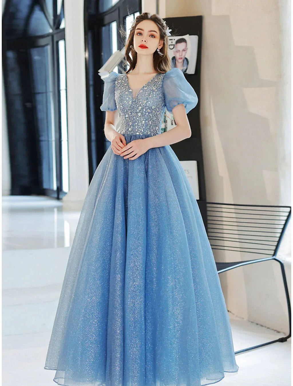 Ball Gown A-Line Evening Gown Floral Dress Prom Floor Length Short Sleeve V Neck with Glitter Beading