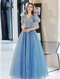Ball Gown A-Line Evening Gown Floral Dress Prom Floor Length Short Sleeve V Neck with Glitter Beading