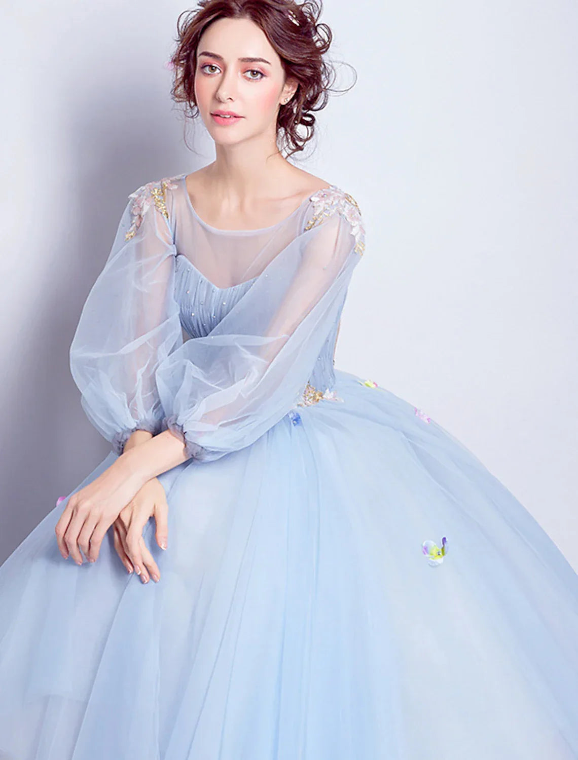 Ball Gown Elegant Floral Puffy Quinceanera Engagement Dress Illusion Neck 3/4 Length Sleeve Floor Length with Pleats Appliques