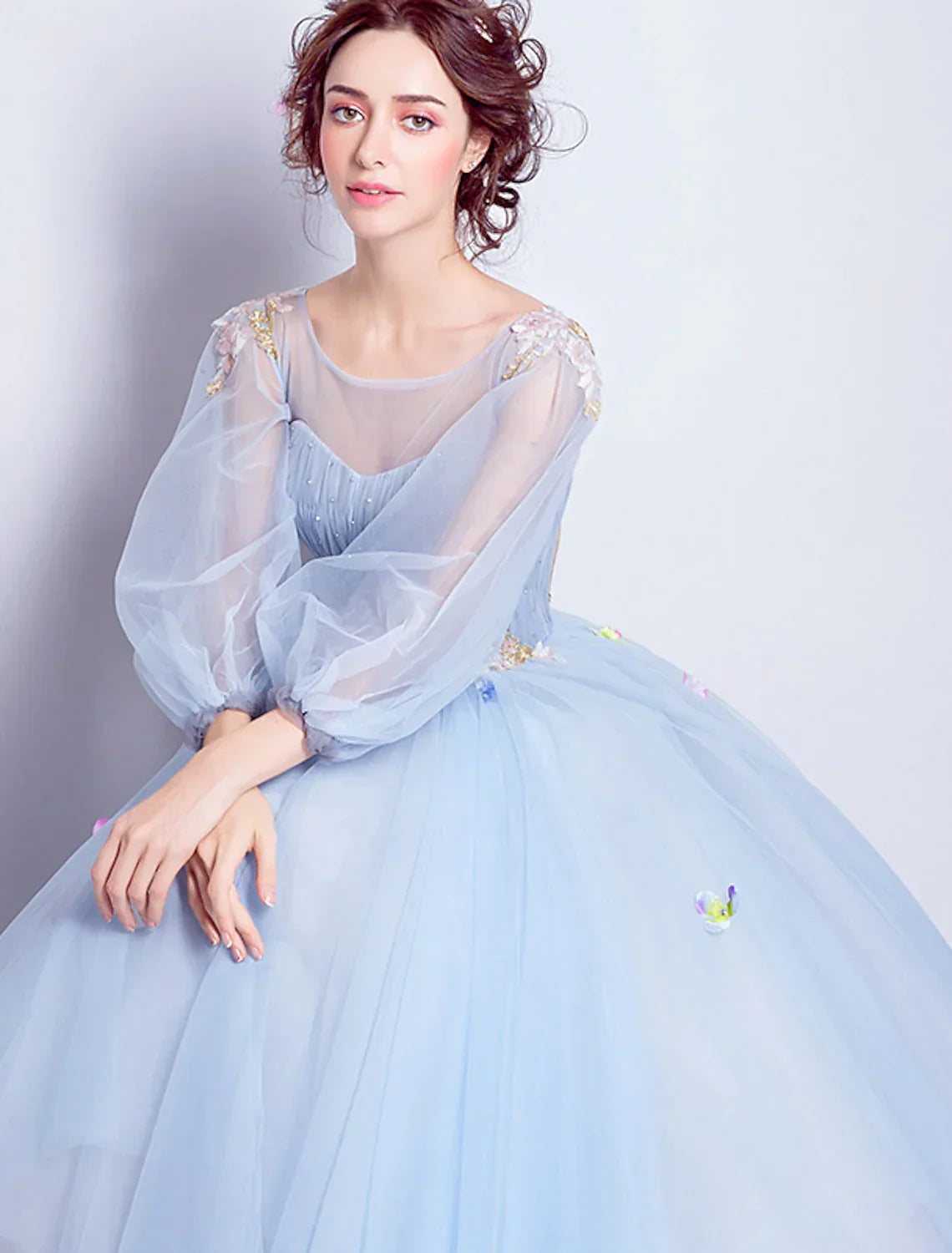Puffy Quinceanera Engagement Dress Length Sleeve Floor Length leats