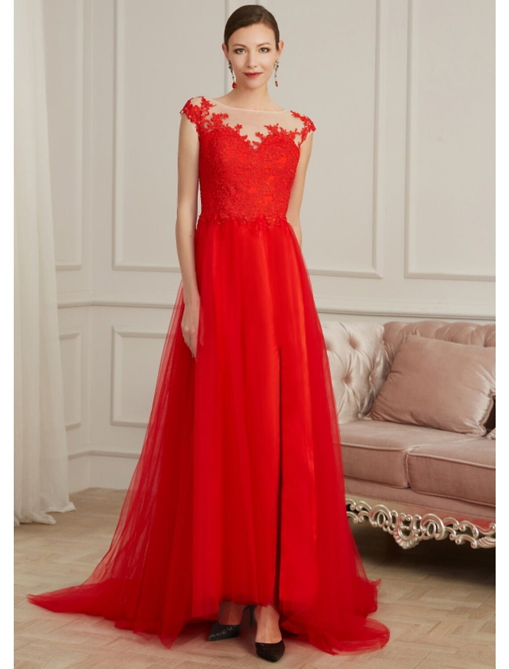 Evening Gown Elegant Dress Engagement Sleeveless Illusion Neck with Slit Appliques