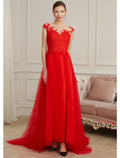 Evening Gown Elegant Dress Engagement Sleeveless Illusion Neck with Slit Appliques
