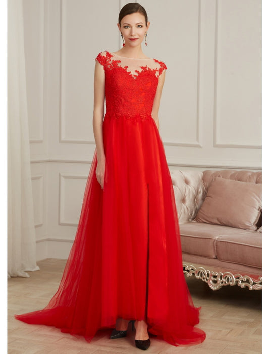 Elegant Red A-Line Classic-Neck Sleeveless Classic-Back Floor-Length Evening Dress
