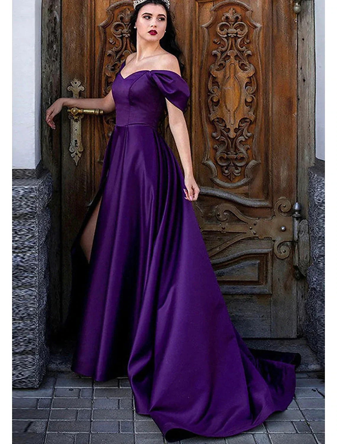 Princess Dress Formal Sweep / Brush Train Sleeveless Off Shoulder with Pleats Slit