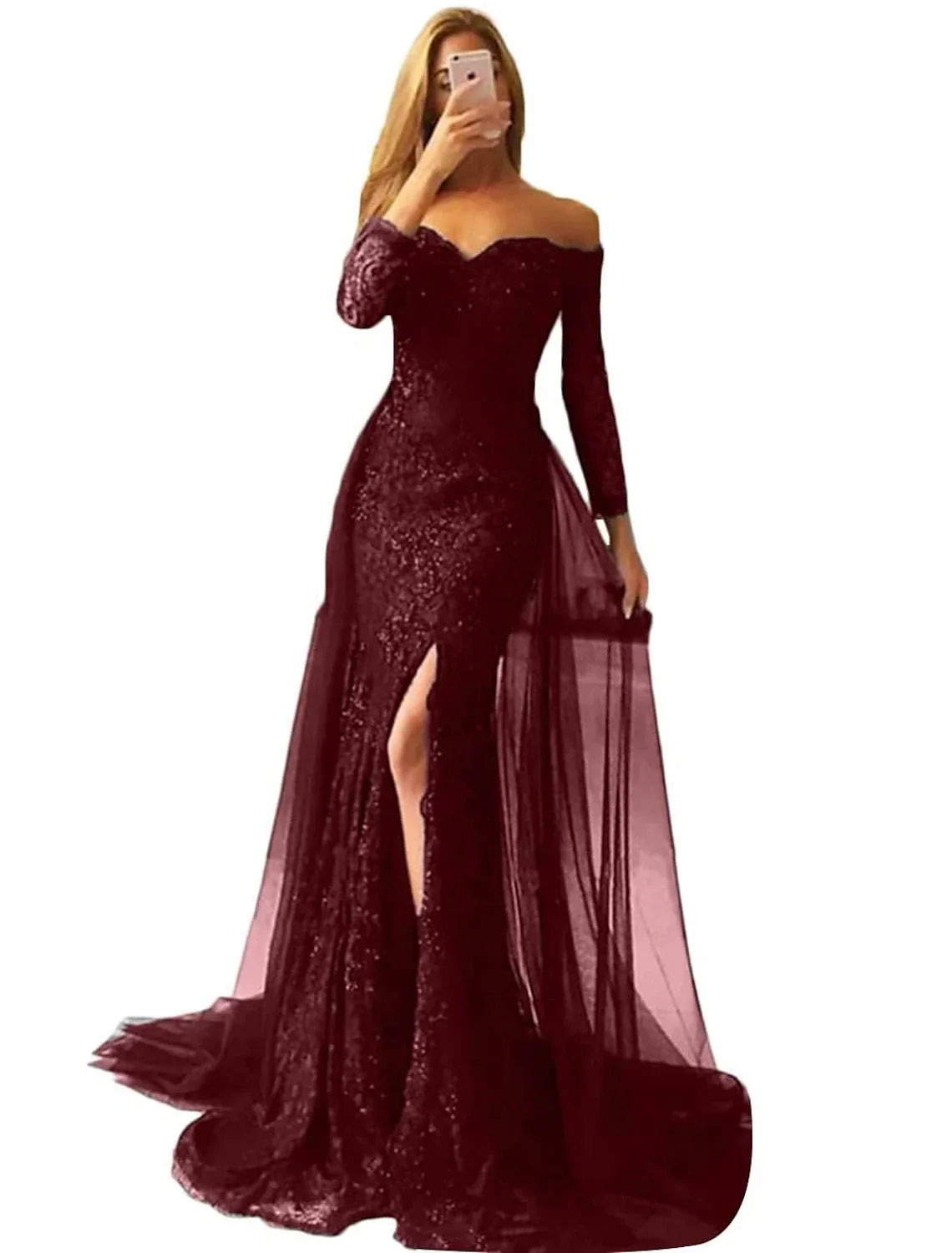 Mermaid Evening Gown Floral Carnival Dress Formal Wedding Sweep / Brush Train Long Sleeve Off Shoulder Fall Wedding Reception with Slit Appliques