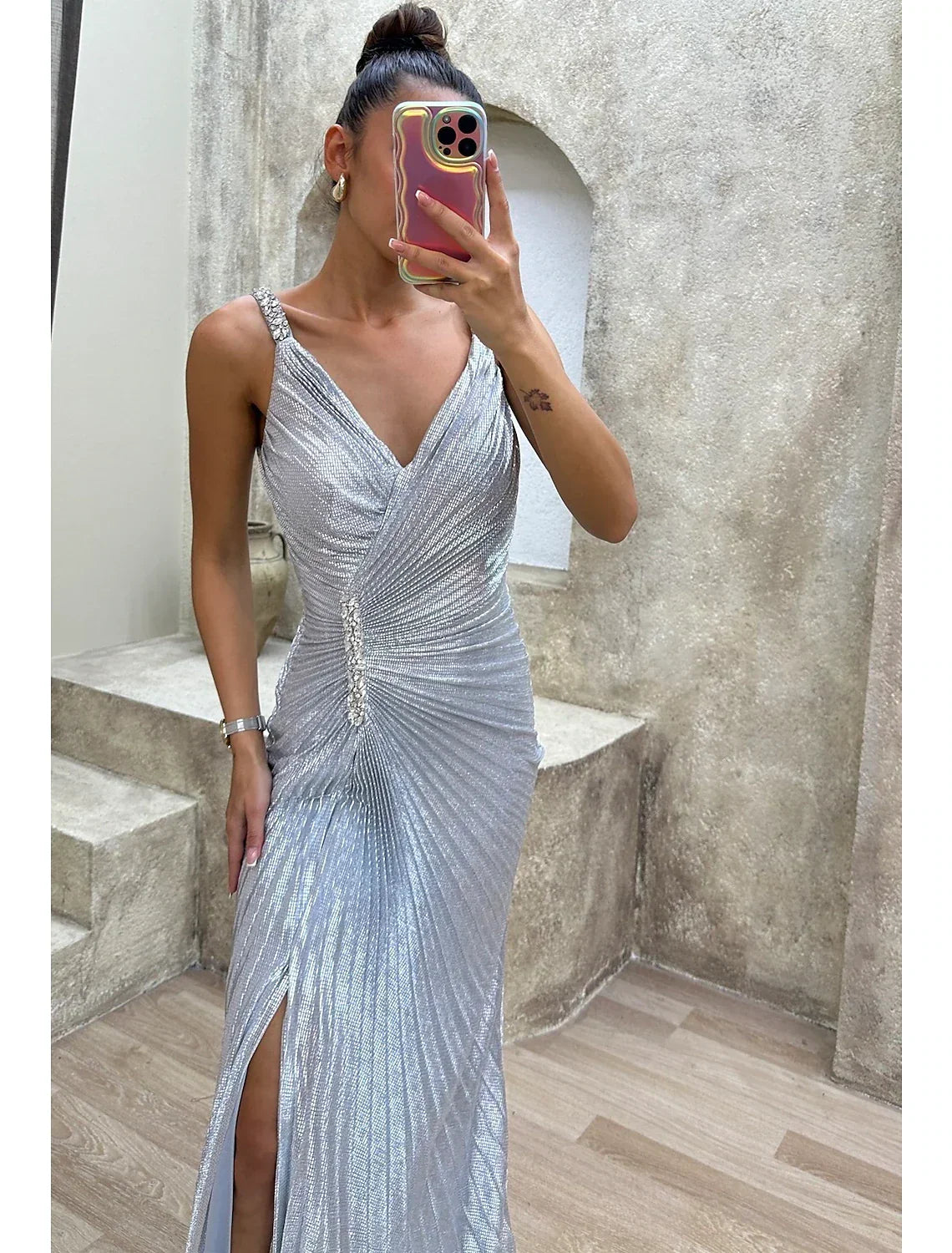 Mermaid / Trumpet Prom Dresses Sparkle Dress Formal Evening Party Sweep / Brush Train Sleeveless V Neck Spandex with Rhinestone Pleats Slit