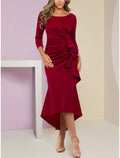 Mermaid / Trumpet Mother of the Bride Dress Wedding Guest Elegant Petite Scoop Neck Asymmetrical Fabric Long Sleeve with Ruffles Ruching