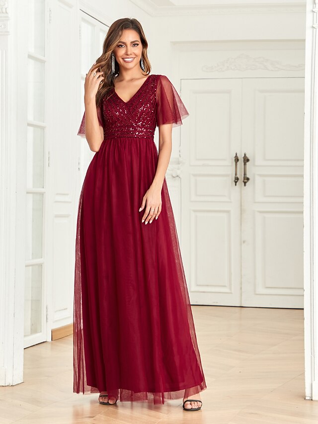 Party Dresses Empire Dress Party Wear Floor Length Short Sleeve V Neck V Back with Glitter