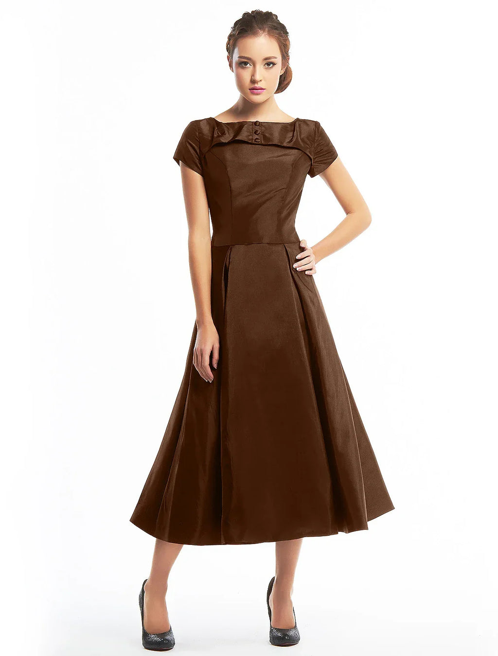 Vintage Dress Homecoming Wedding Guest Tea Length Short Sleeve Boat Neck Taffeta with Buttons