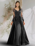 Back Sexy Floral Prom Formal Evening Dress Boat Neck Long Sleeve with Appliques