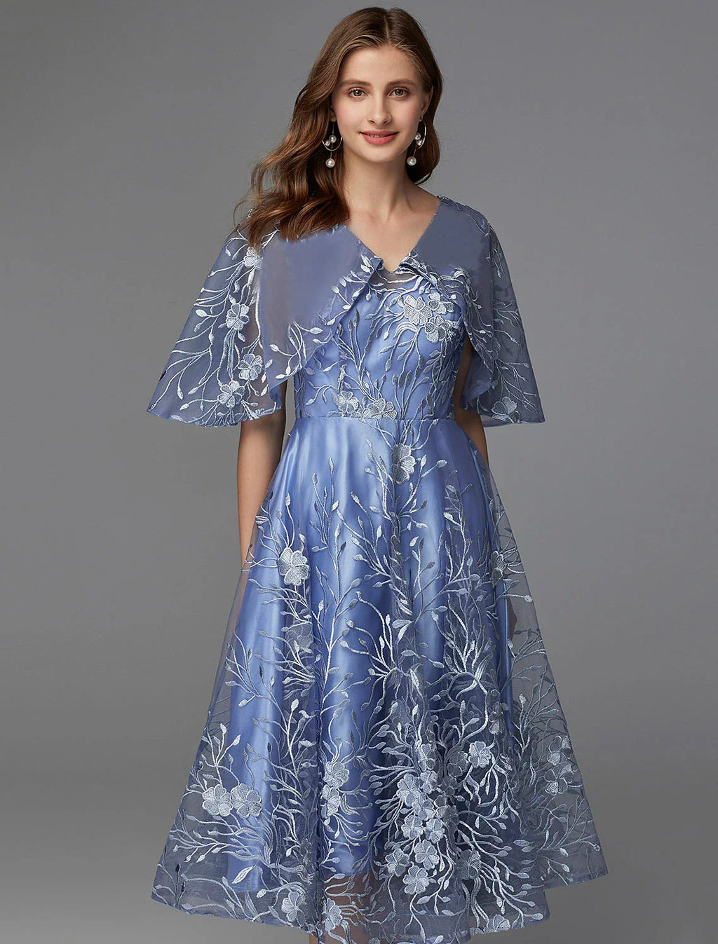 Floral Dress Wedding Guest Cocktail Party Tea Length Sleeveless V Neck V Back with Pattern / Print Appliques