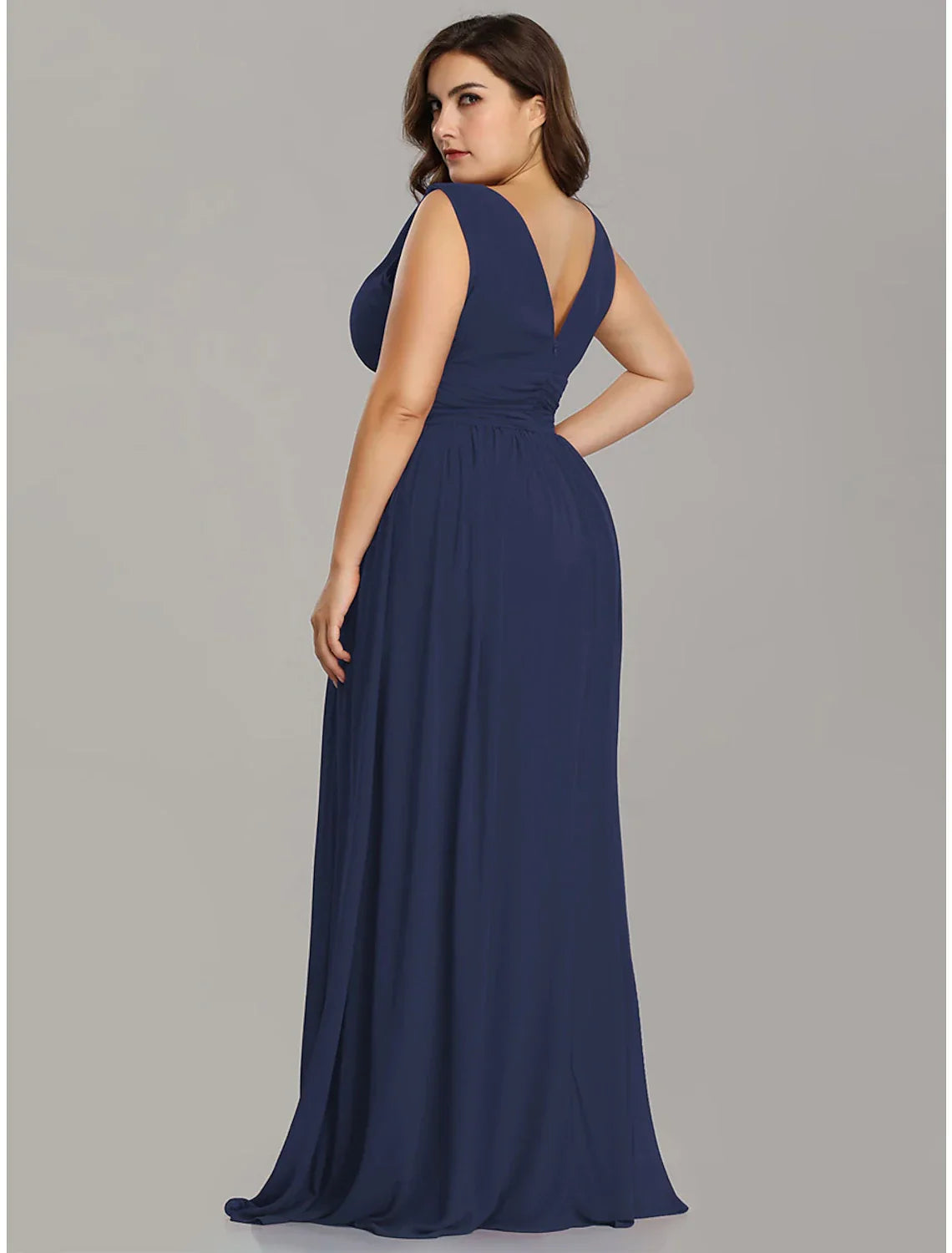 Plus Size Wedding Formal Evening Dress V Neck V Back Sleeveless Floor Length with Pleats