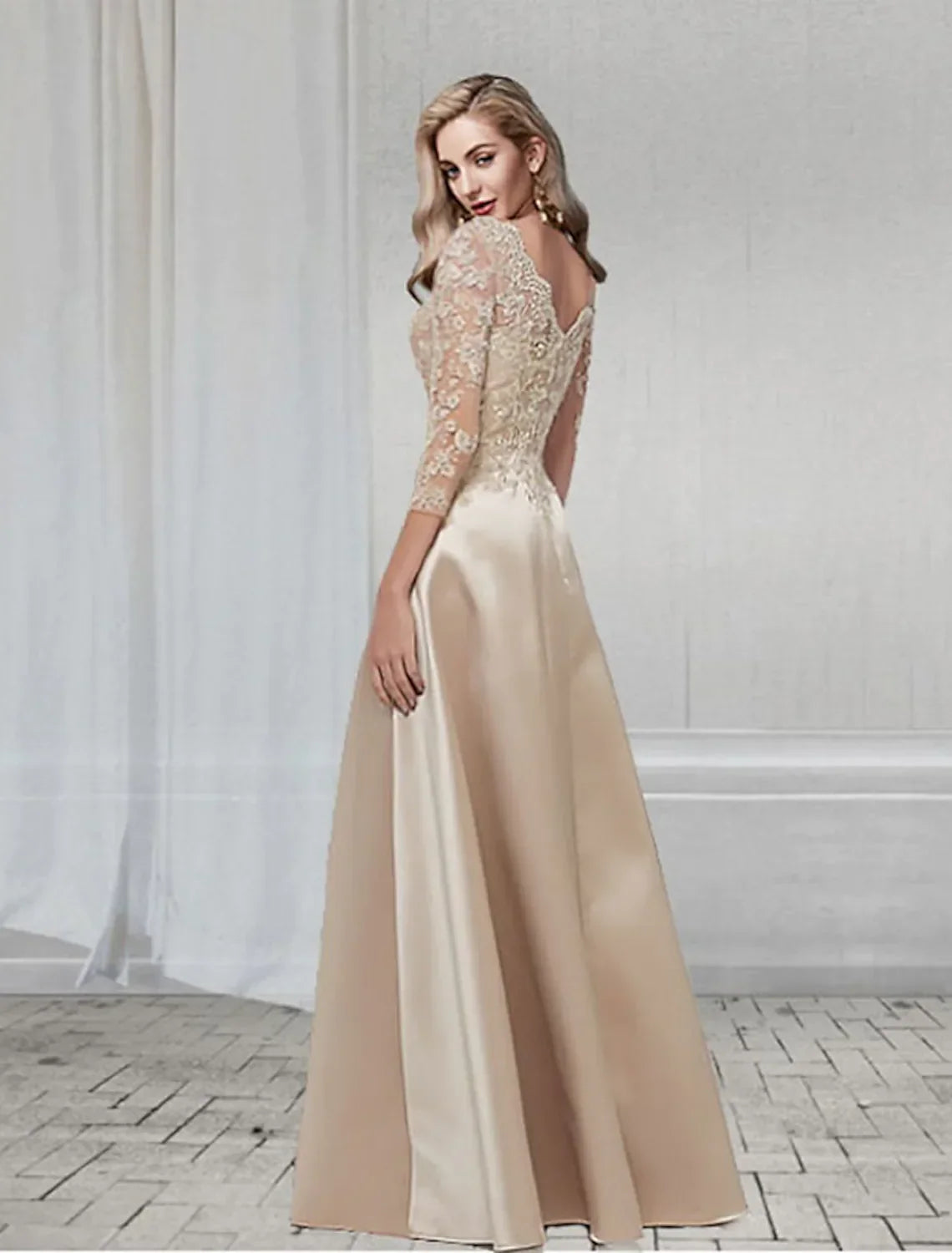 Wedding Guest Formal Evening Dress V Neck Length Sleeve Floor Length with Appliques